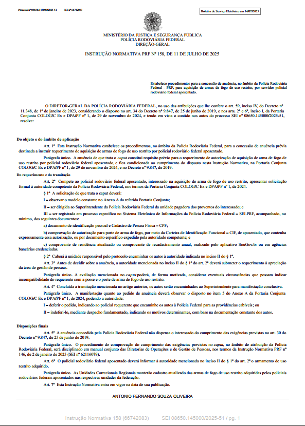 Direção-Geral publica instrução normativa sobre compra de armas para aposentados